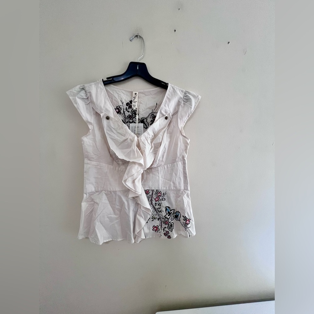 Anthropologie Floral Blouse with Black and Red Embroidery